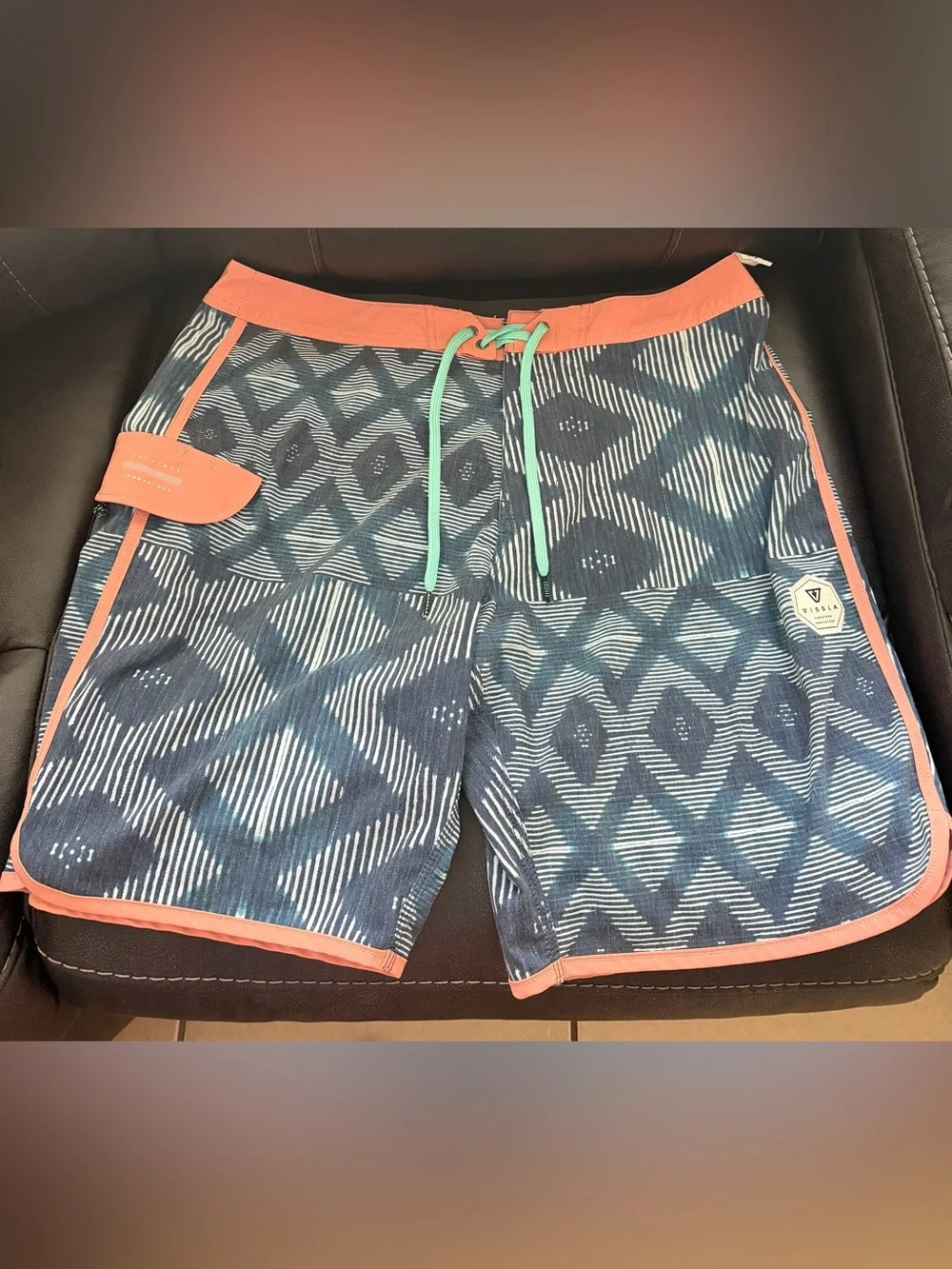 VISSLA Navy Geometric Swim Shorts with Coral Trim and Mint Drawcord